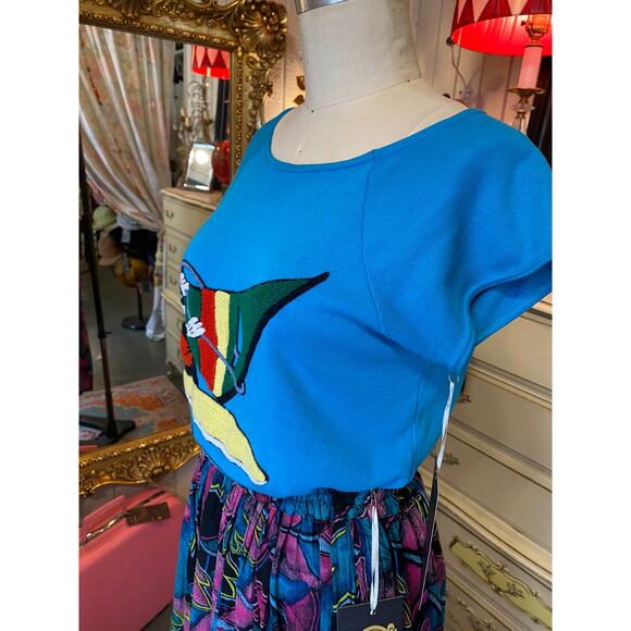 vintage 1980s mickey mouse sweatshirt crewel embroidered cap sleeve 80s fashion - Picture 5 of 6